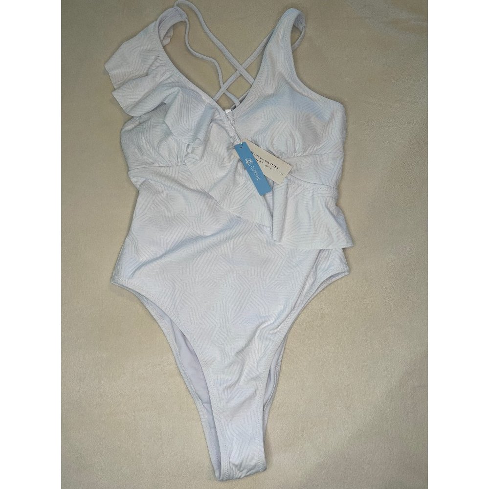 Alyson White Ruffle Double Crisscross Straps One Piece Swimsuit - size LG.  NWT